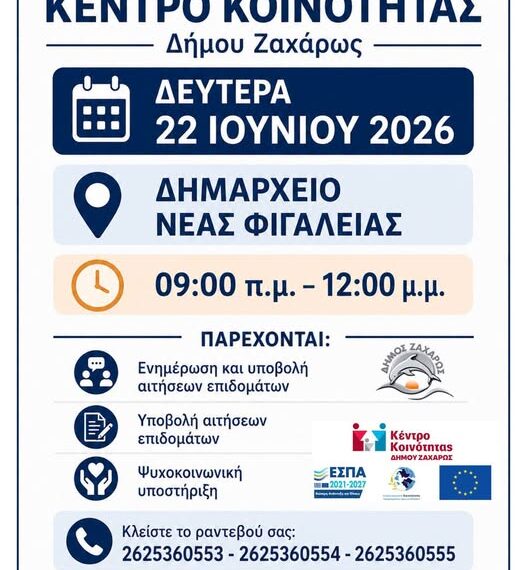 Ζαχάρω: Ενημερωτική δράση του Κέντρου Κοινότητας στη Νέα Φιγαλεία στις 22 Ιουνίου
