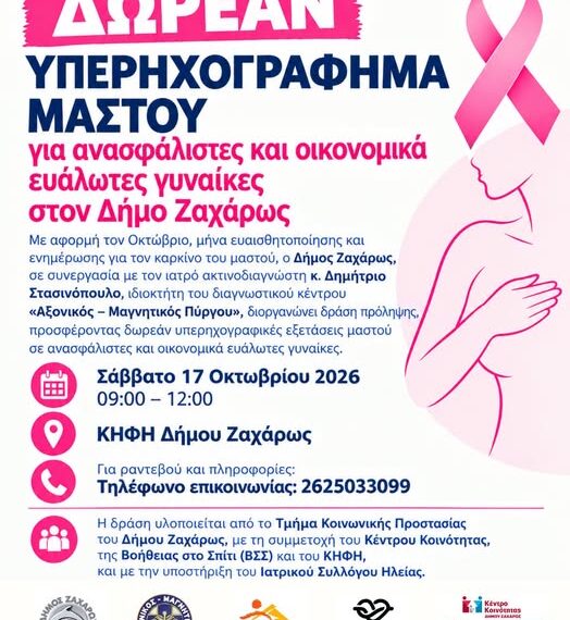 Ζαχάρω: Δωρεάν υπερηχογράφημα μαστού για ανασφάλιστες και οικονομικά ευάλωτες γυναίκες