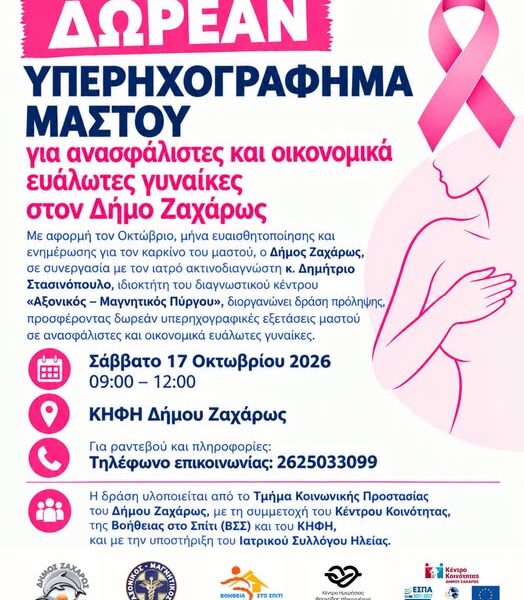 Ζαχάρω: Δωρεάν υπερηχογράφημα μαστού για ανασφάλιστες και οικονομικά ευάλωτες γυναίκες